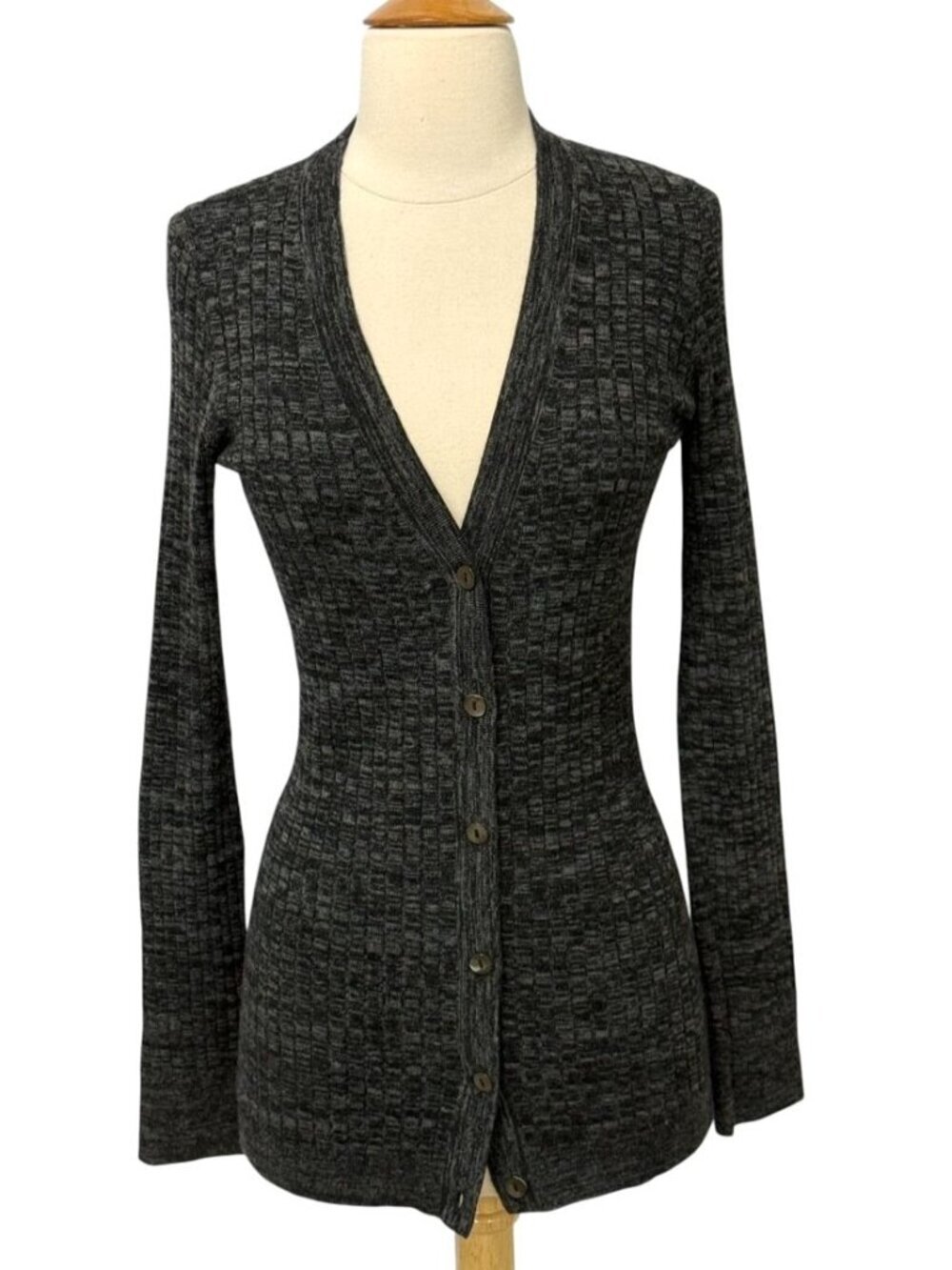 Vince Womens Cashmere Wool Cardigan Sweater Long Black Gray Ribbed V-Neck Size S